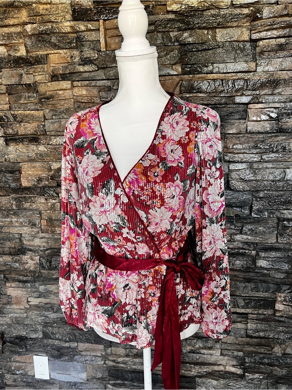 LC Lauren Conrad Pink Floral Wrap Top with Burgundy Sash